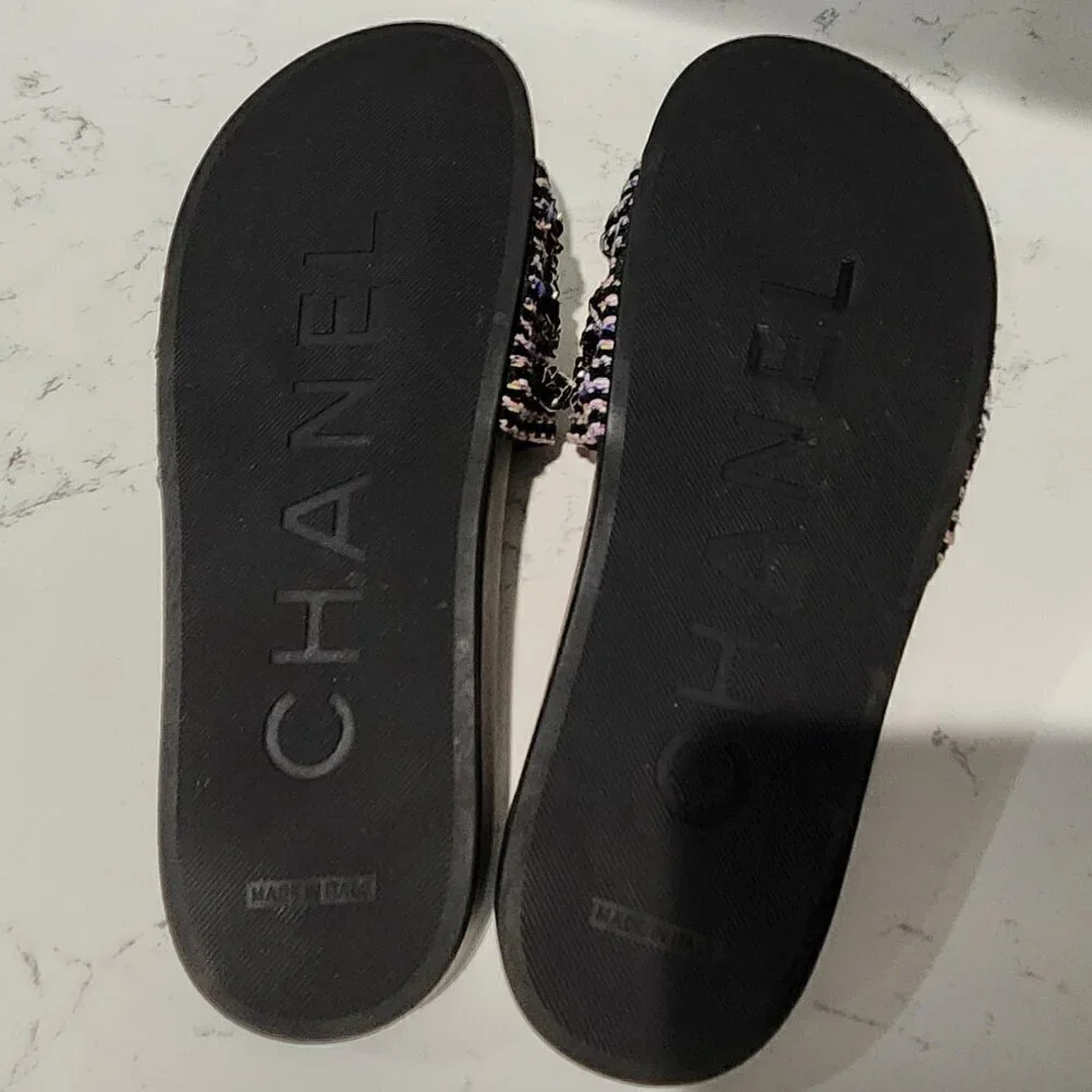 Chanel Leather & Tweed Black Slides, Authentic